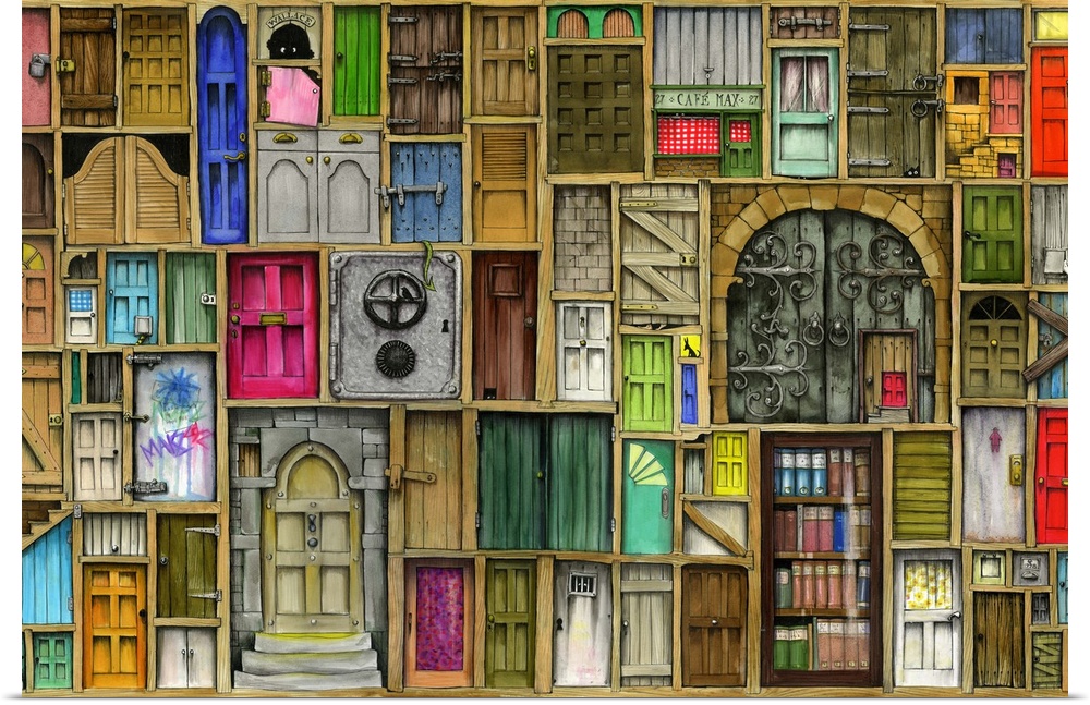 A whimsical and very finely-detailed illustration of dozens of different style doors making up a collage.