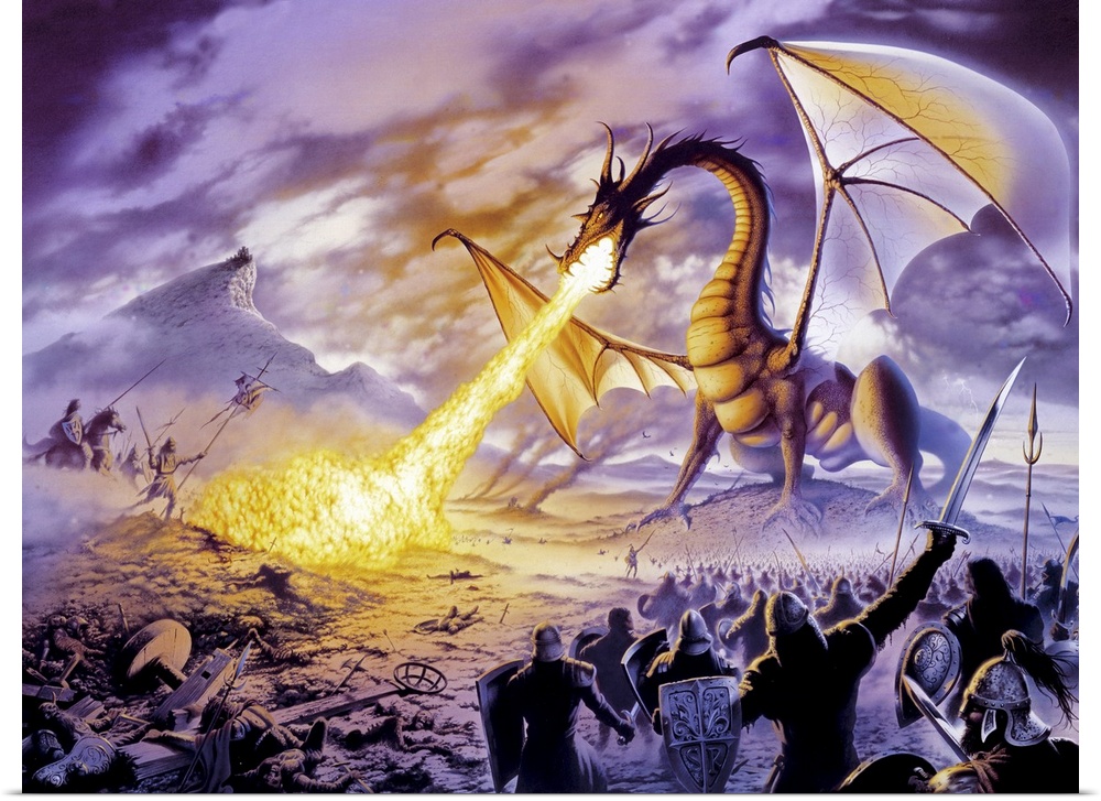 Fantasy illustration of a fire-breathing dragon fighting an army of sword-wielding medieval knights on a volcanic landscape.