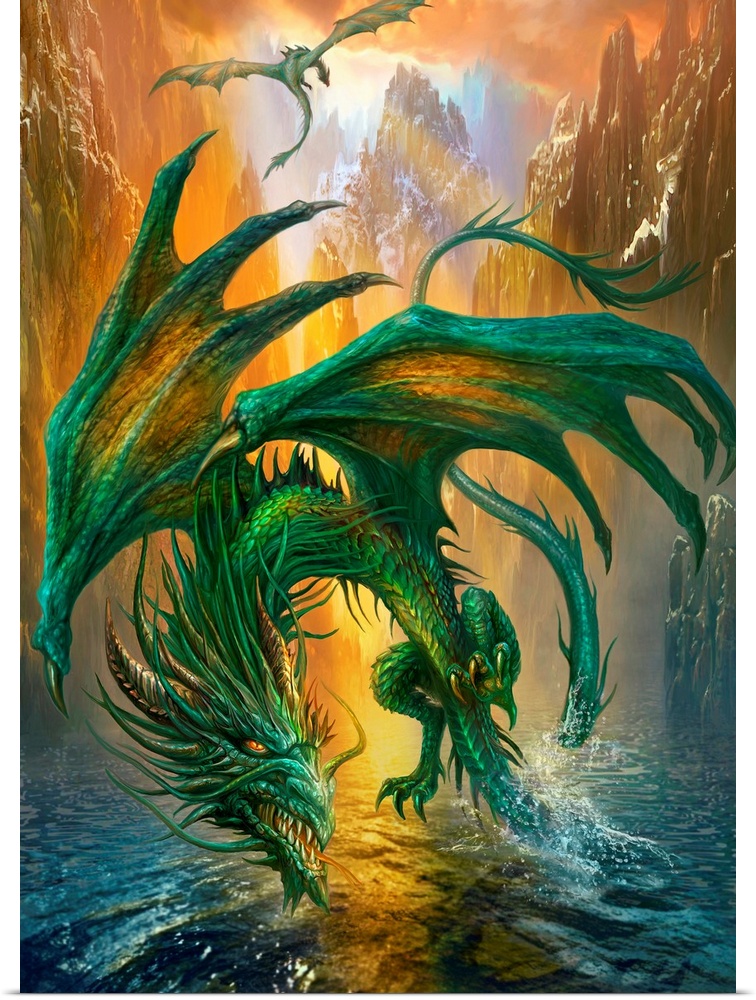 Fantasy painting of a dragon flying low to the water in a canyon with another dragon in the distance.