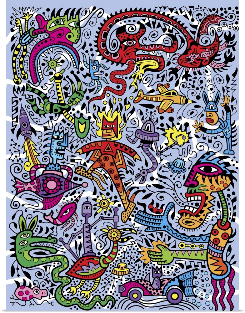 Contemporary mural artwork of monsters and other abstract figures in a confusion of colors and patterns.