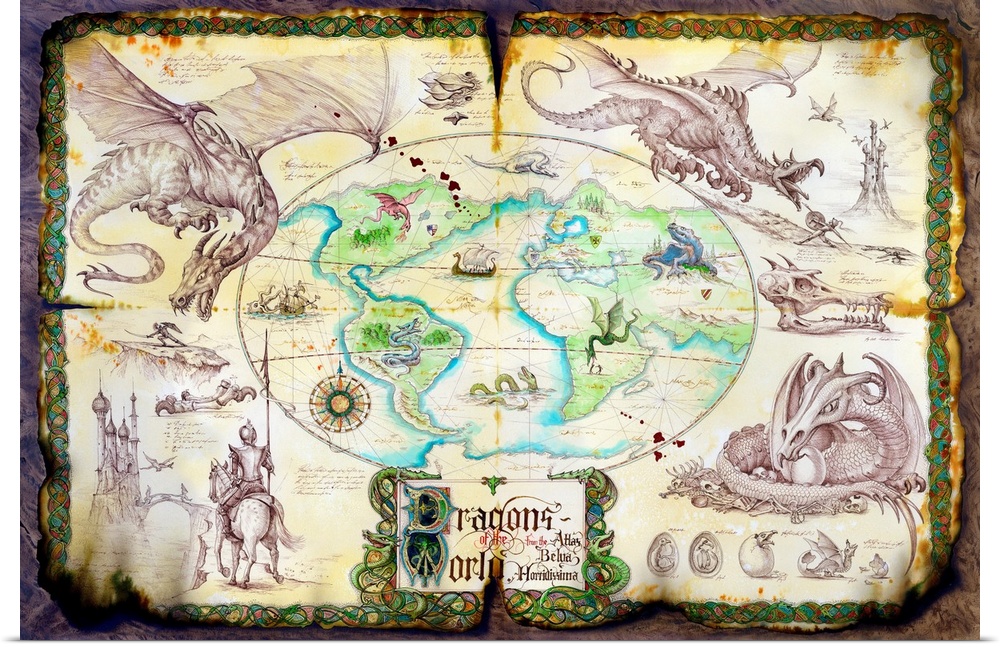 Old and ripped map of the world surrounded by images of dragons and knights.