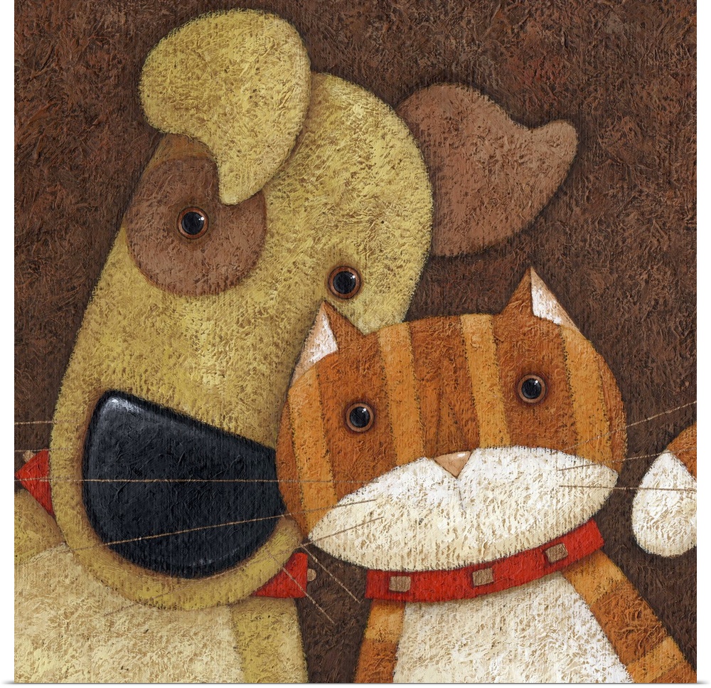 Contemporary painting of a dog with a spot over his eye next to an orange striped cat.