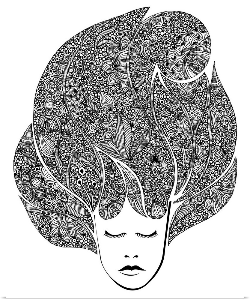 Contemporary line art of female head with large decorative hair with flowers and intricate designs in it.