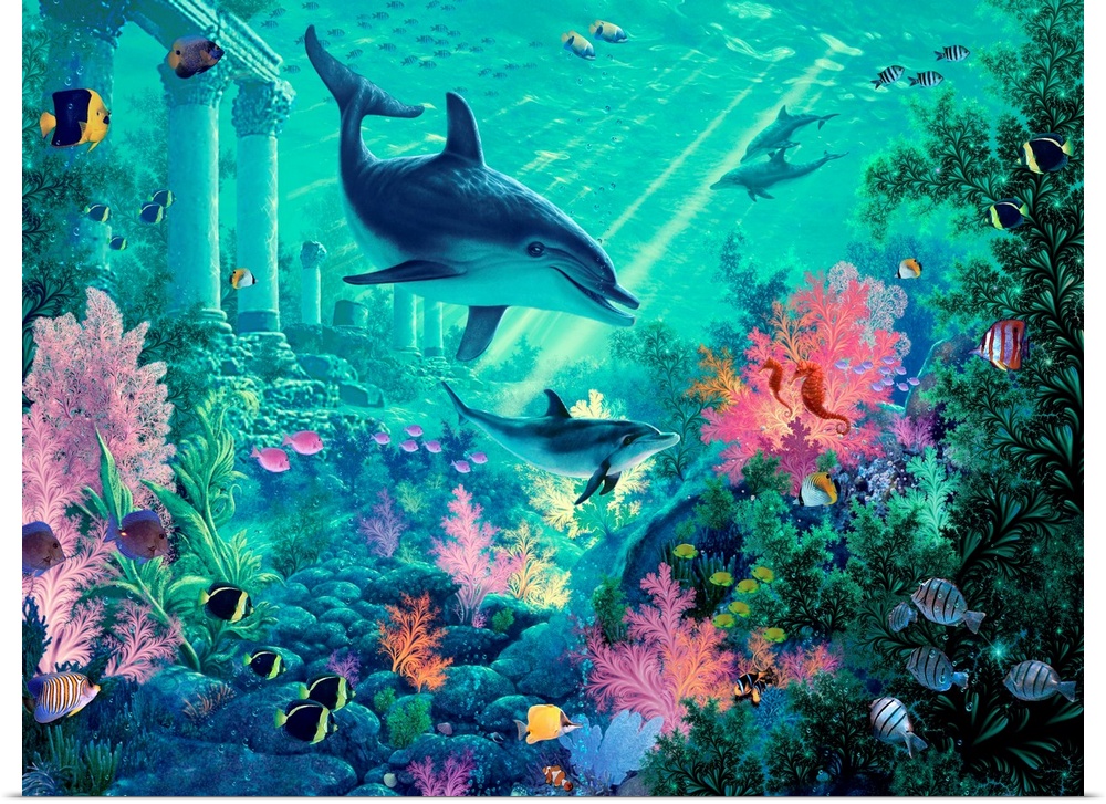 Contemporary fantasy art of dolphins swimming underwater near column structures and colorful coral.