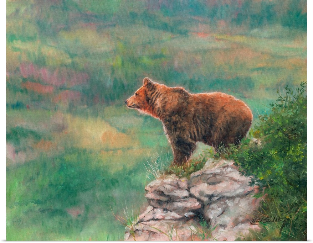 Contemporary painting of a brown bear atop a rocky overlook.