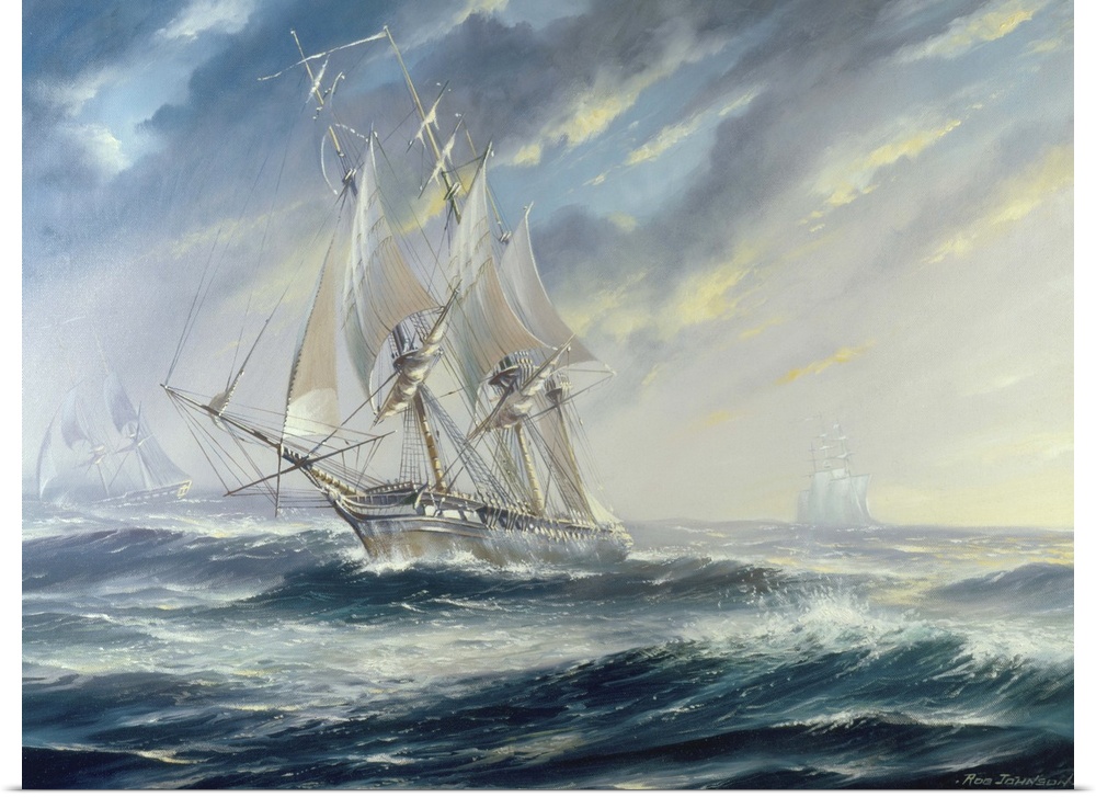 Painting of of an old naval vessel traversing the open sea.