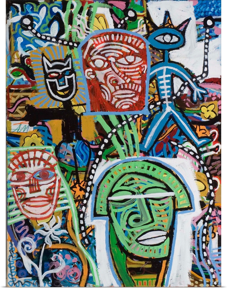 Contemporary abstract painting of masks and faces with distorted forms in elaborate colors and patterns.