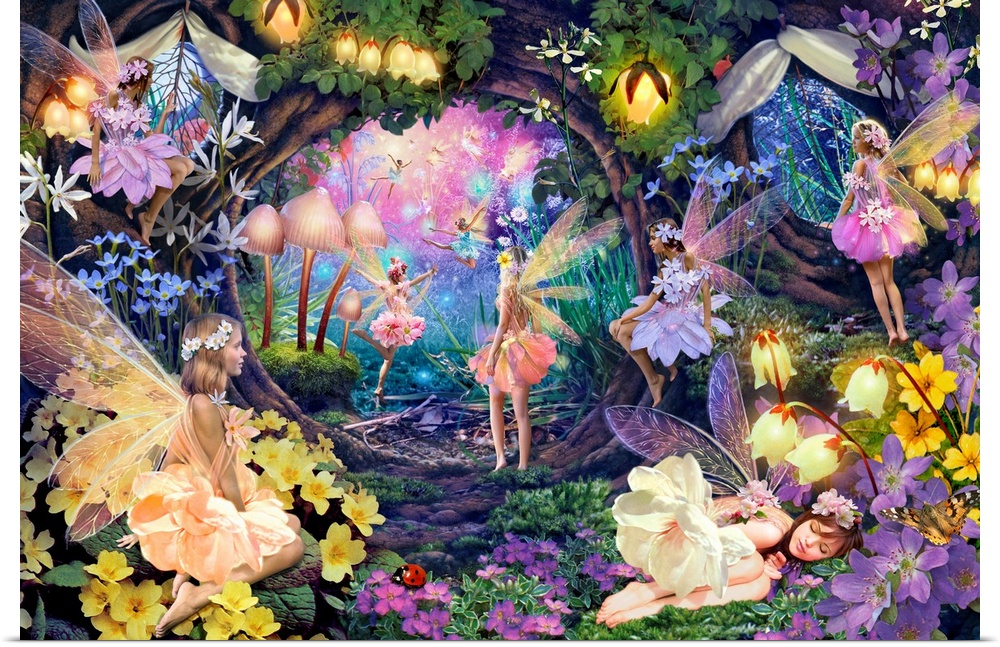 Fantasy art of several fairies in a garden of bright blooming flowers.