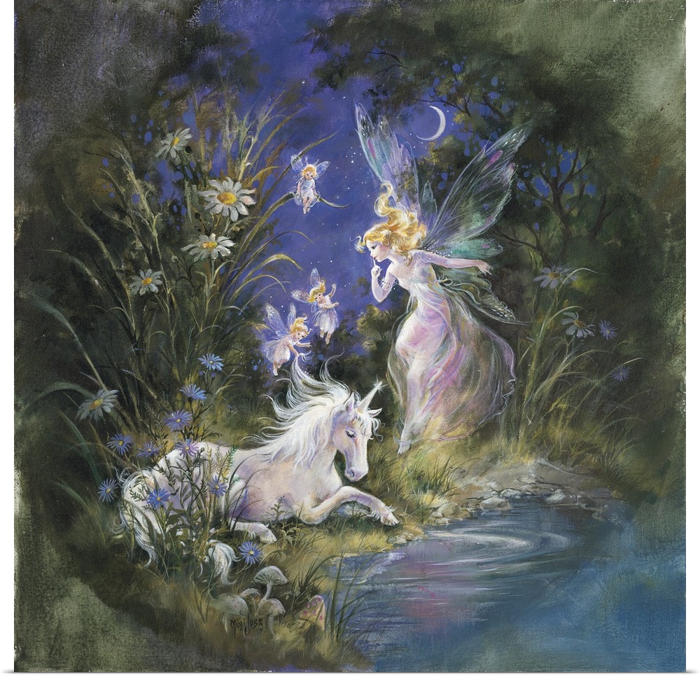 Whimsical contemporary fantasy artwork of fairies and unicorns in an enchanted garden.