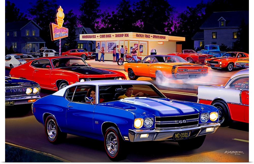 Big automotive art portrays a group of people enjoying the treats from a local snack shack.  Filling the parking lot and s...