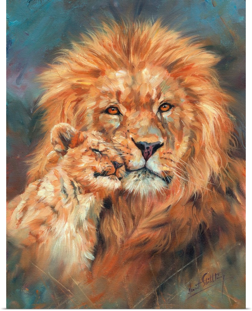 Contemporary painting of a lion cub nuzzling adult male lion.