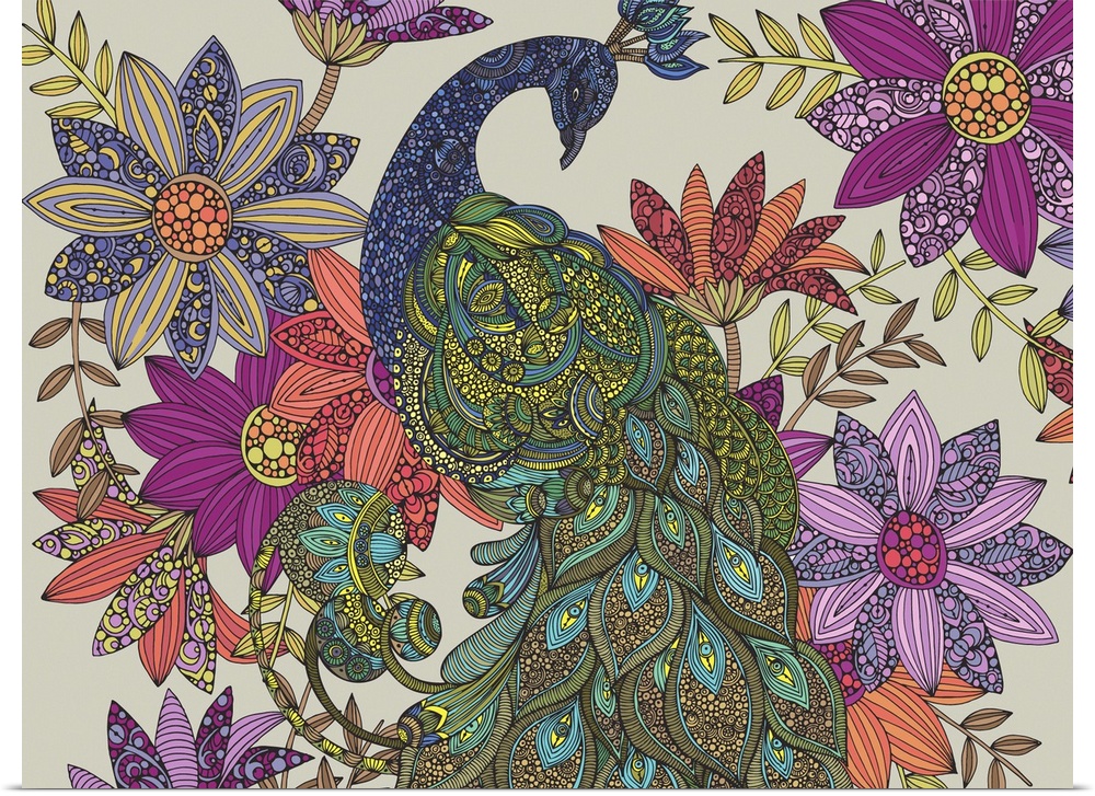 Intricate illustration of a peacock surrounded by flowers on a gray background.