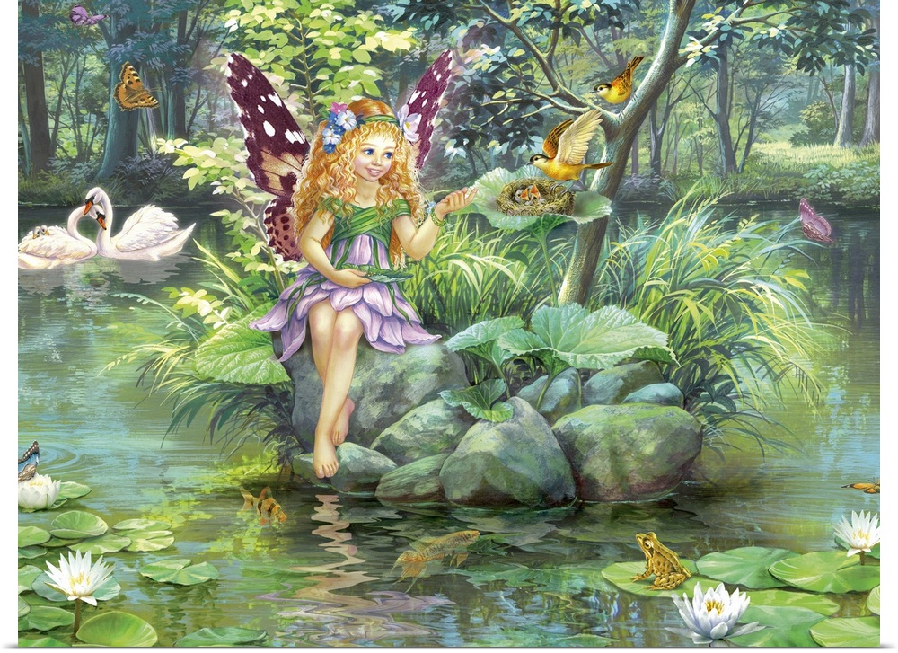 Fantasy styled painting of a fairy watching a motherbird tending to her baby birds that are sitting in a nest on a rock in...