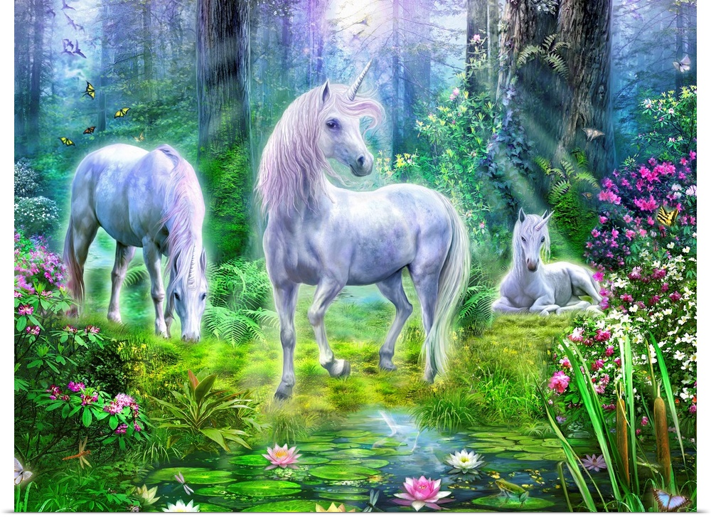 Fantasy painting of three unicorns in a bright forest with lots of flowers and vegetation.