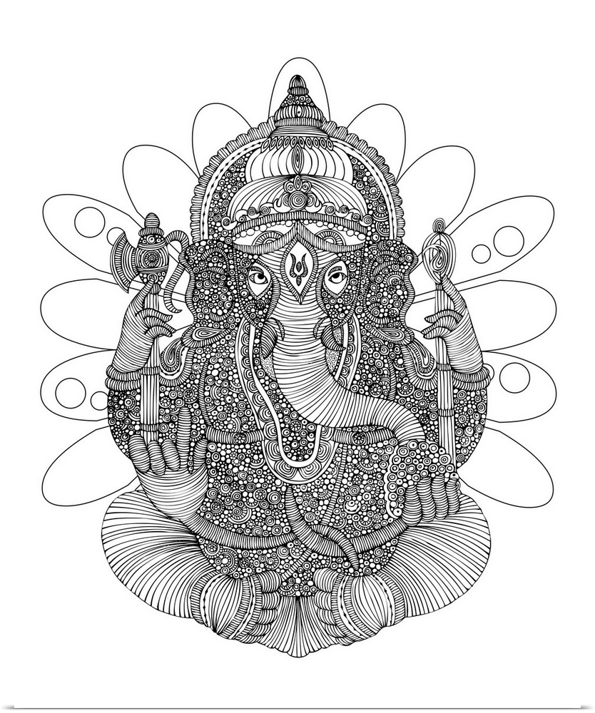 Contemporary line art of the Hindu god Ganesh intricately patterned against a white background.