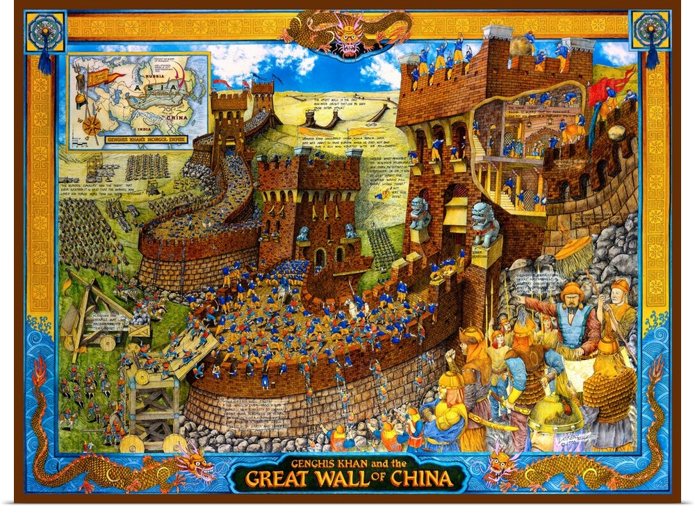 Educational illustration of the Great Wall of China and when Genghis Khan attacked it.