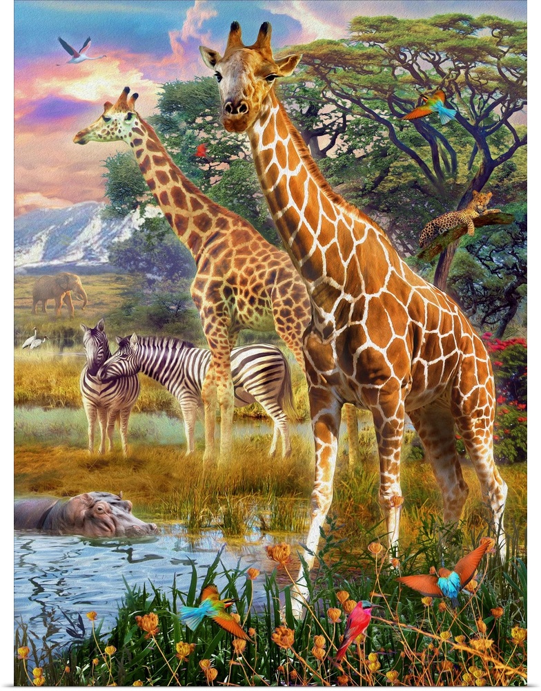 Illustration of giraffes, zebras, and other African animals by the drinking hole.