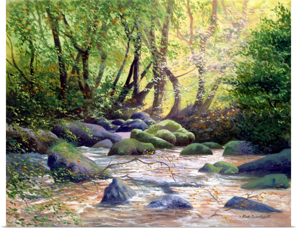 Contemporary artwork of a forest river clearing illuminated by the suns glow.