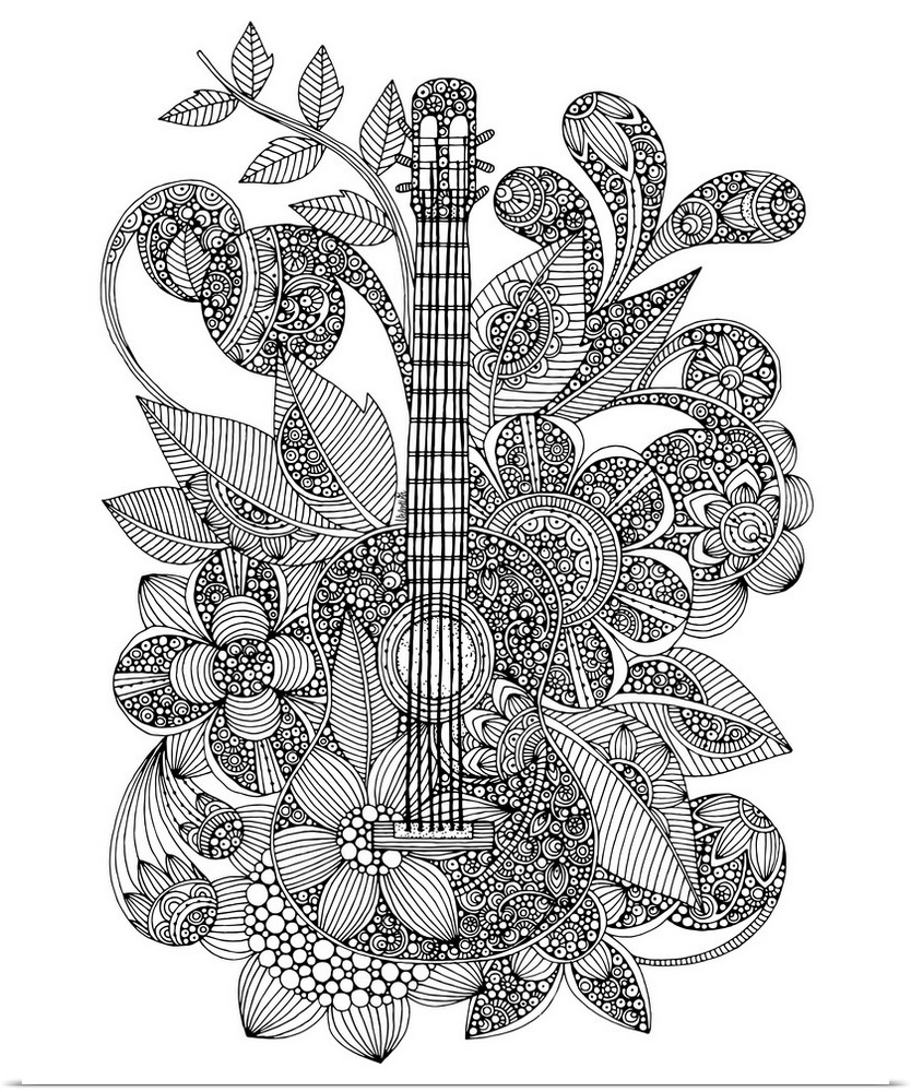 Black and white line art of a guitar surrounded by flowers and vines.
