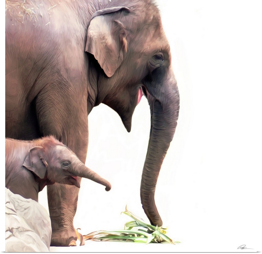 Contemporary animal art of a baby elephant standing beside its mother.
