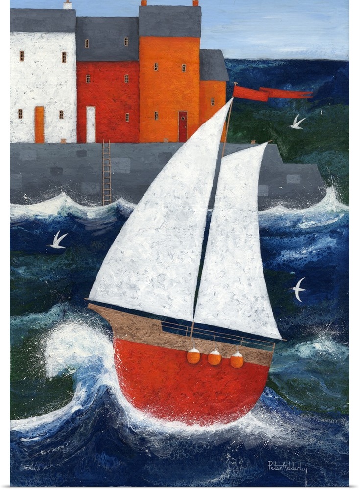 Contemporary painting of a red sailboat on rough seas close to shore at a harbor town.