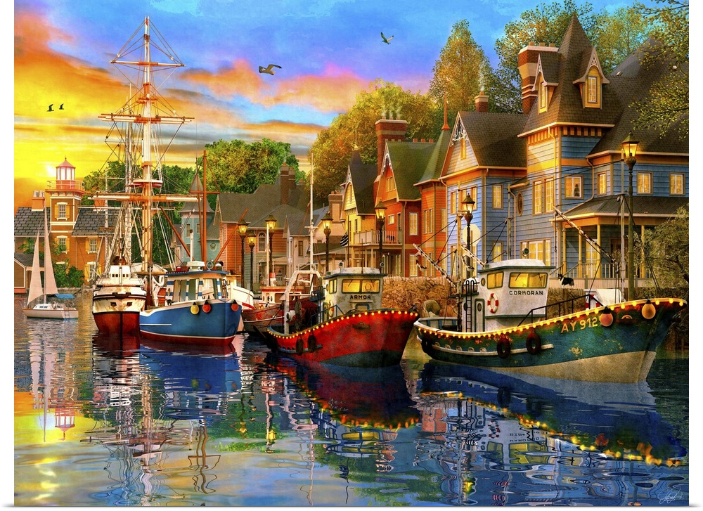 Illustration of a small harbor town.