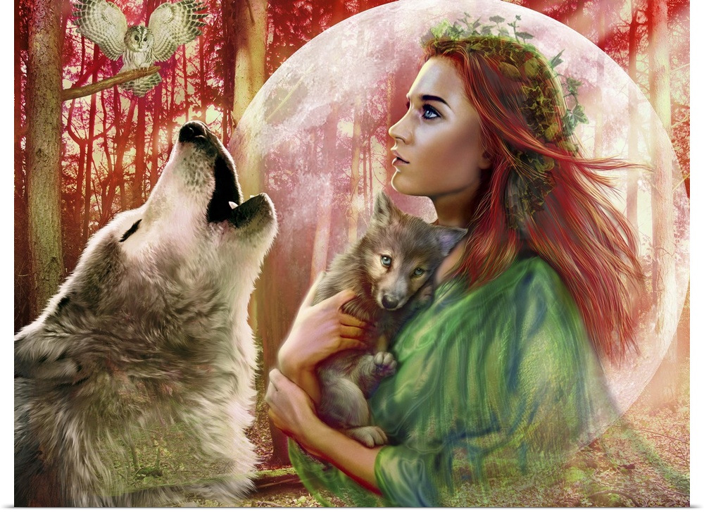 Fantasy art work of a red haired woman with ivy in her hair in a forest holding a wolf cub as an owl takes flight from a t...