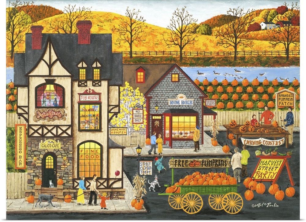 Americana scene of a street full of shops with pumpkins and fall activities.