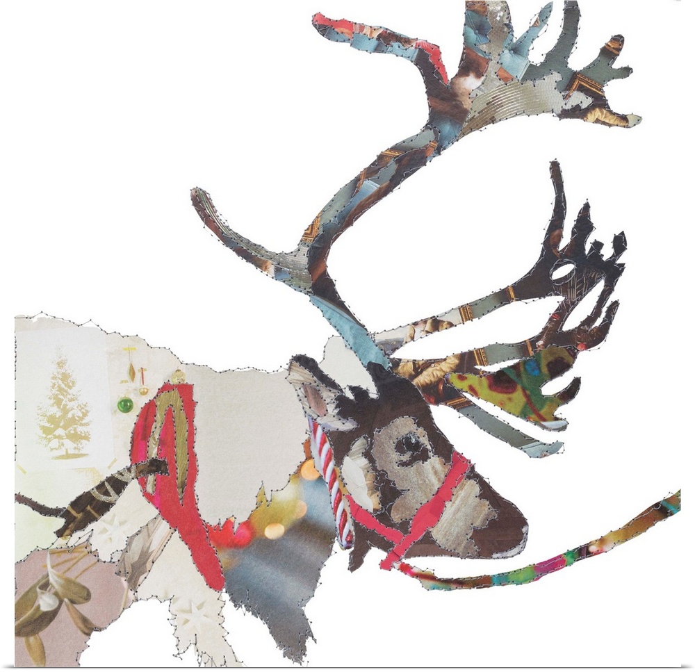 Square artwork of a reindeer in a collage style outlined in stitches.