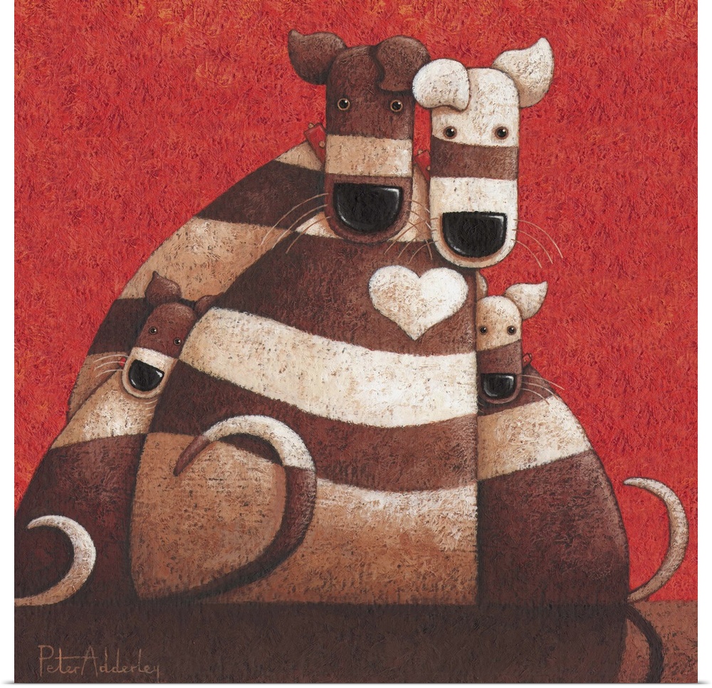 Contemporary painting of striped dogs huddling together against a red background.