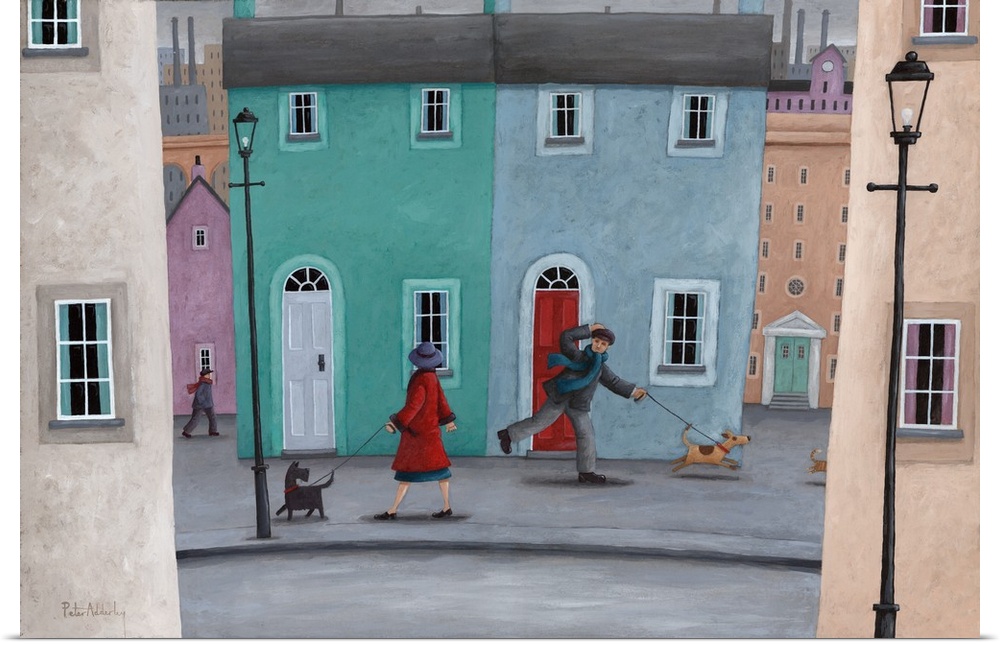 Contemporary painting of a town folk walking their dogs and saying hello.
