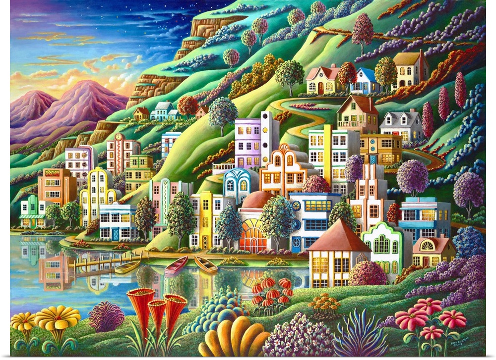 Contemporary painting of a village on a lake surrounded by vivid colorful foliage.