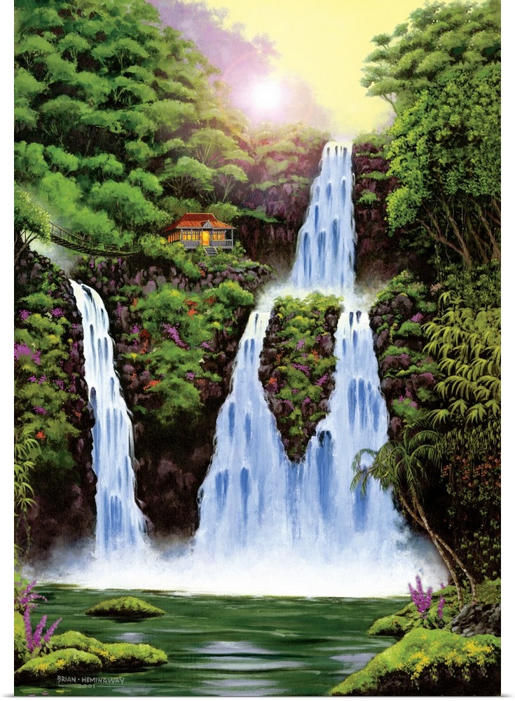 Contemporary painting of a waterfall surrounded lush jungle.