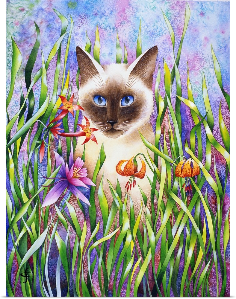 Artwork of a cat doing some exploring through tall colorful grass and flowers.