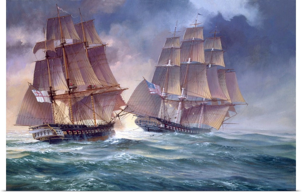 Painting of of an old naval vessels in the heat of battle.