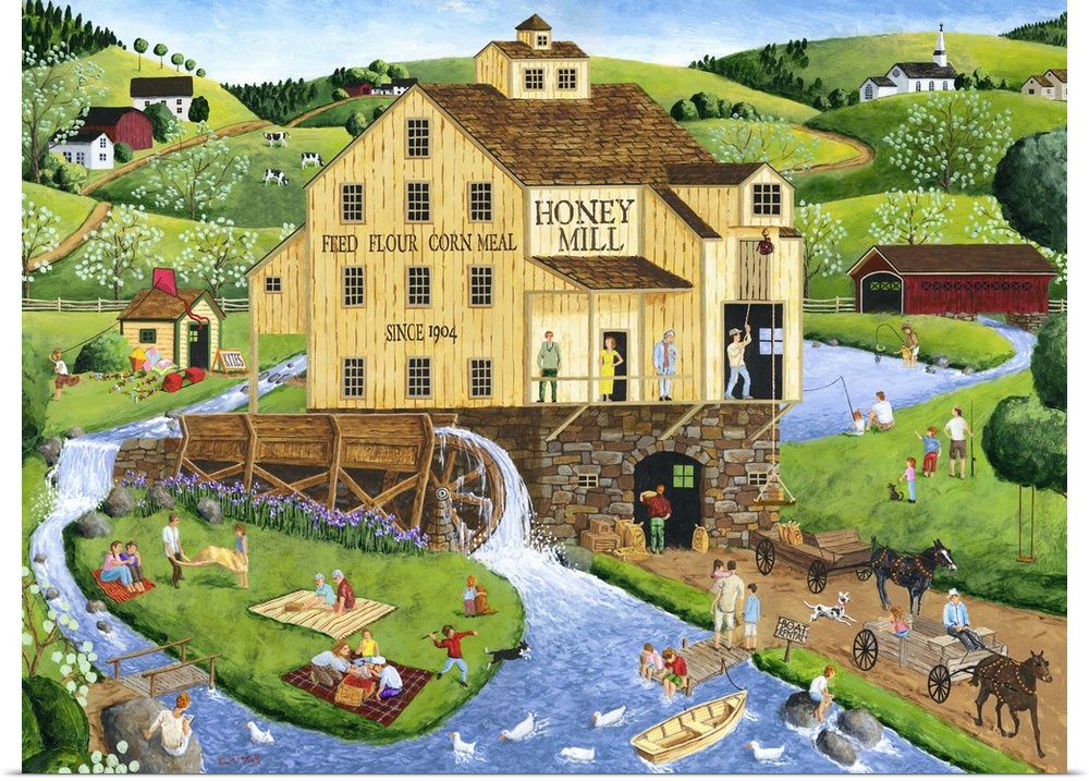 Americana scene of a water mill surrounded by buy townspeople.