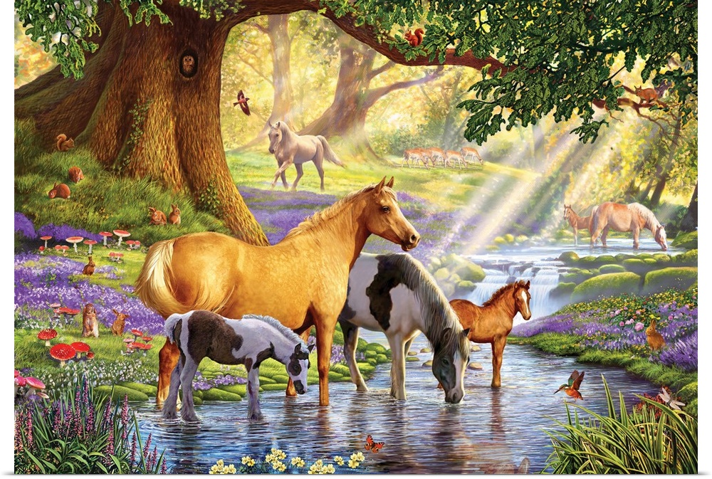 Family of Horses including two foals in a stream in the sunlit woods with other animals including a kingfisher, owl, rabbi...