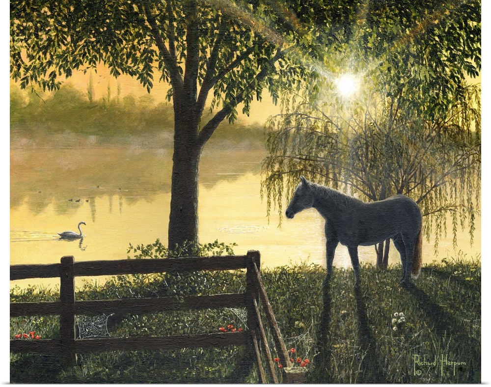 Contemporary artwork of a horse looking at a swan slowly passing by in the water in the early morning light.