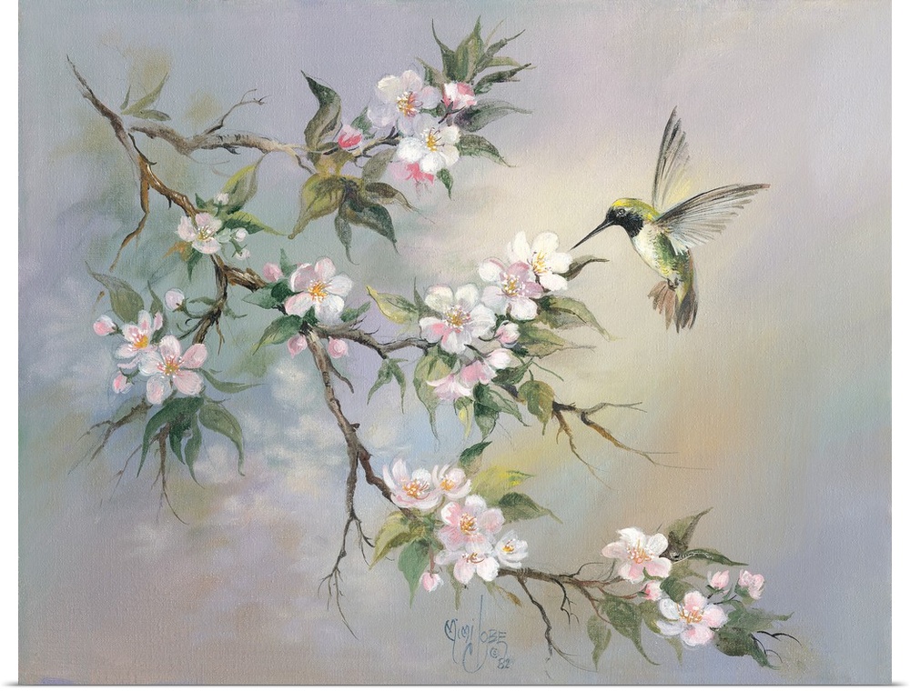 Contemporary whimsical artwork of a hummingbird at a flowering branch.