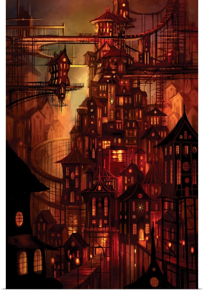 Science fiction artwork of a city illuminated in a red glow which has buildings stacked upon each other creating a sort of...