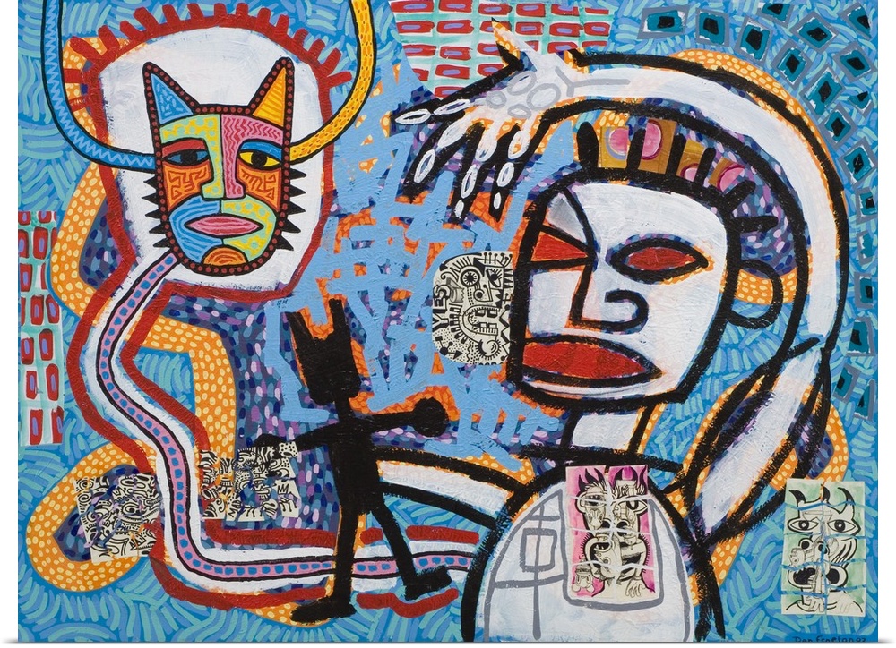 Contemporary abstract painting with an aboriginal style t it of figures in bold contrasting lines.