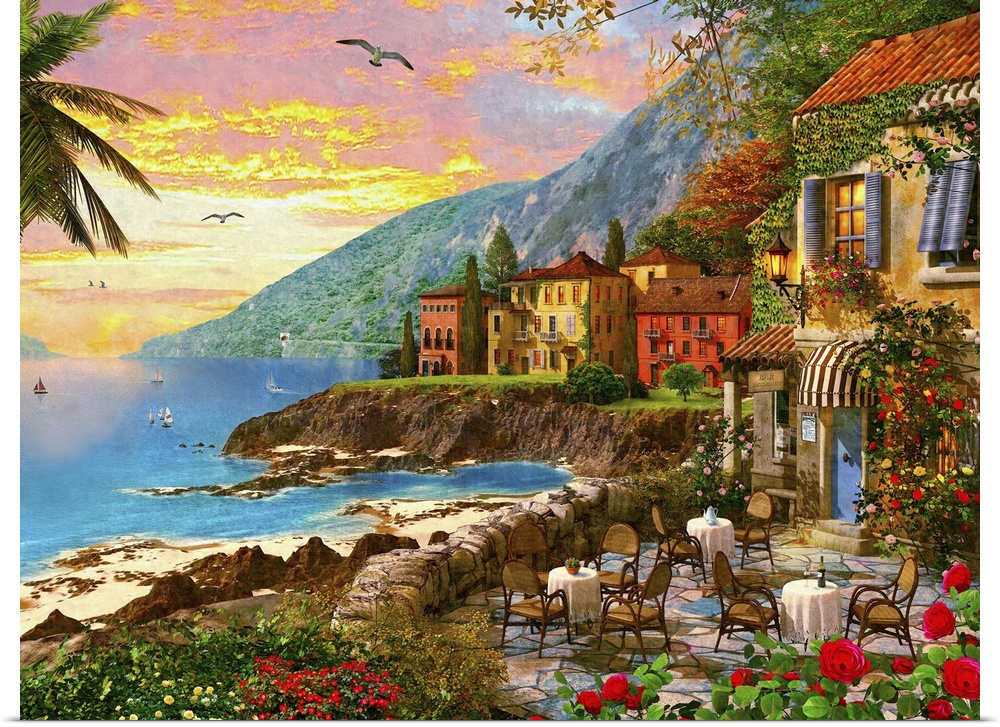 Illustration of an island town at sunset.