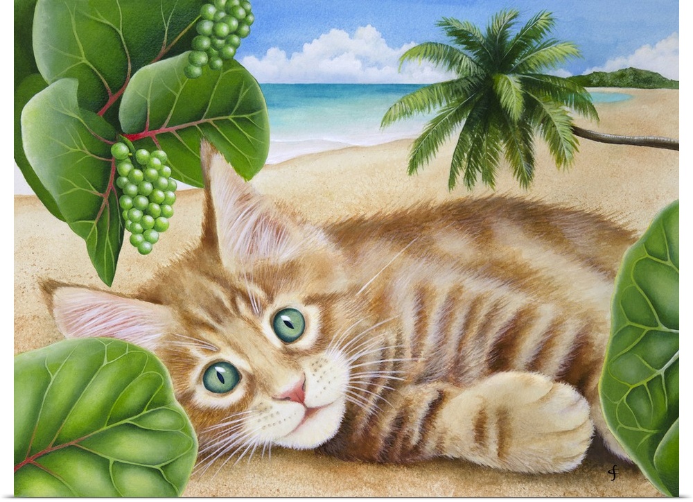 Colorful tropical themed artwork of cat laying on a sandy beach surrounded by lush plants.