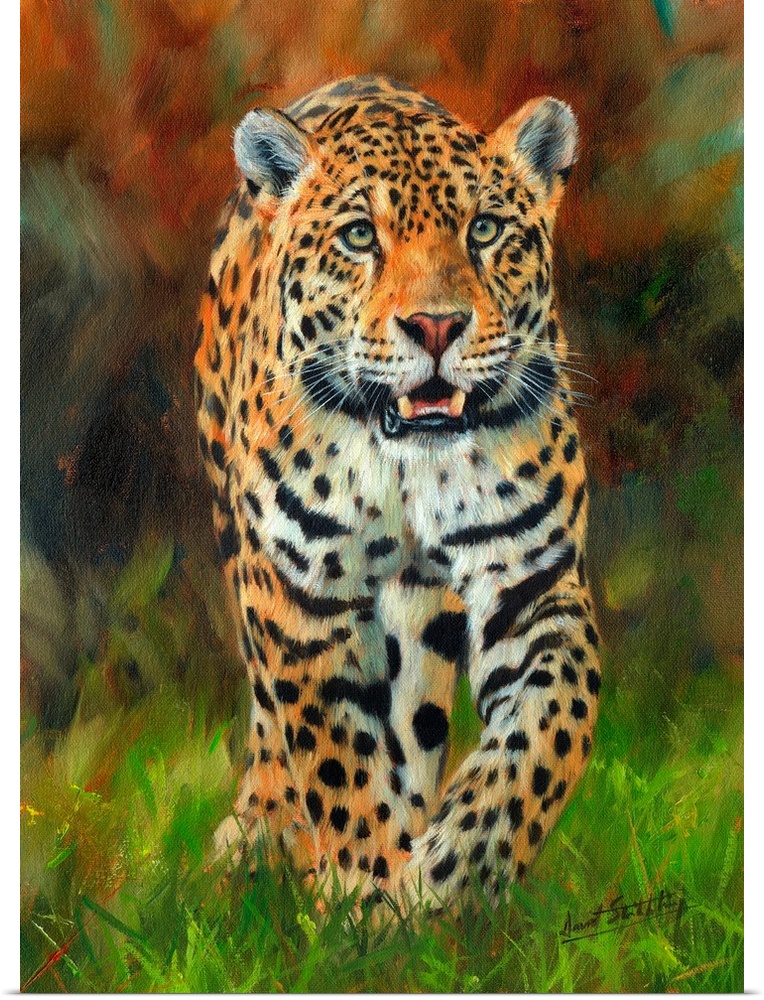 Contemporary painting of a jaguar walking across lush green grass.