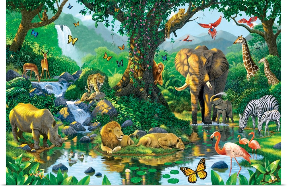 Fantasy painting featuring various jungle animals gathered together at a watering hole beneath the trees.