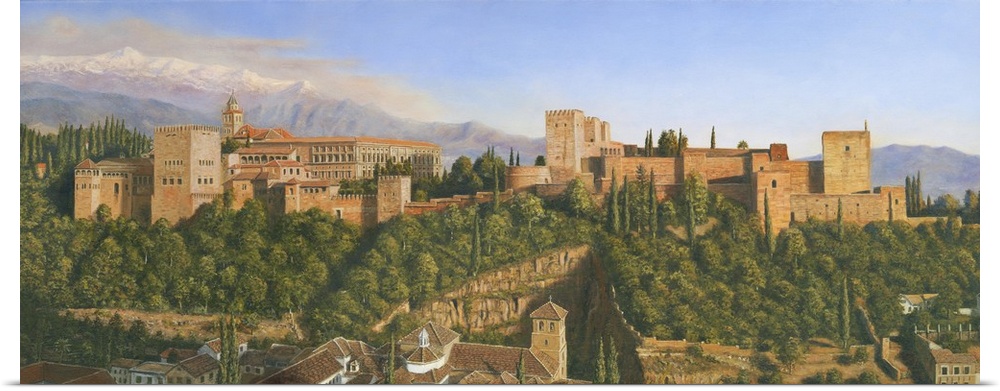 Contemporary artwork of a village surrounded by a mountainous valley.