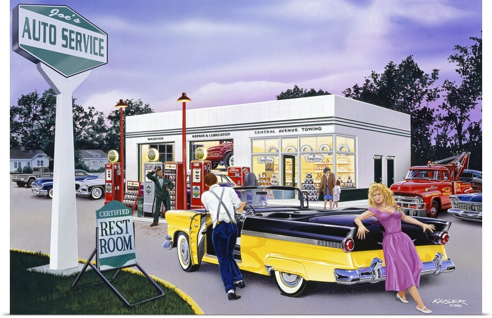 This painting is a scene of retro Americana showing a teenage girl helping push her dateos 1956 Ford Convertible which has...