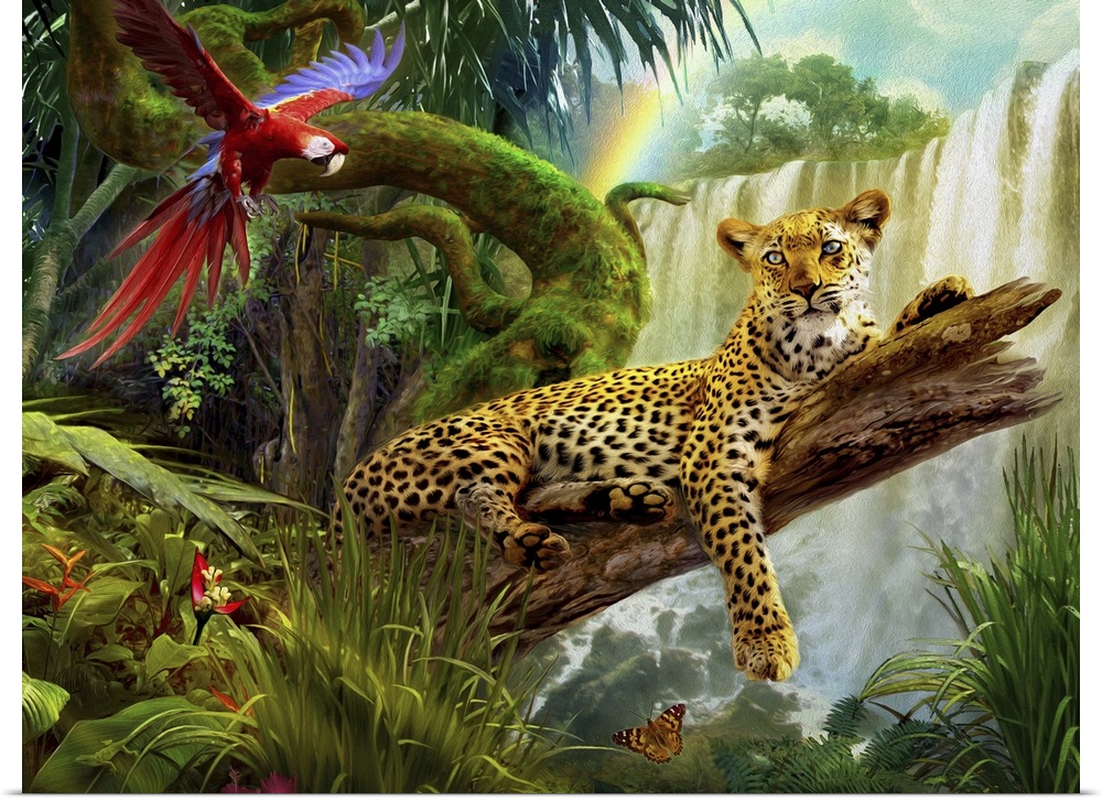 Whimsy illustration of a leopard on a log in the jungle with a waterfall in the background and a parrot flying to the side.