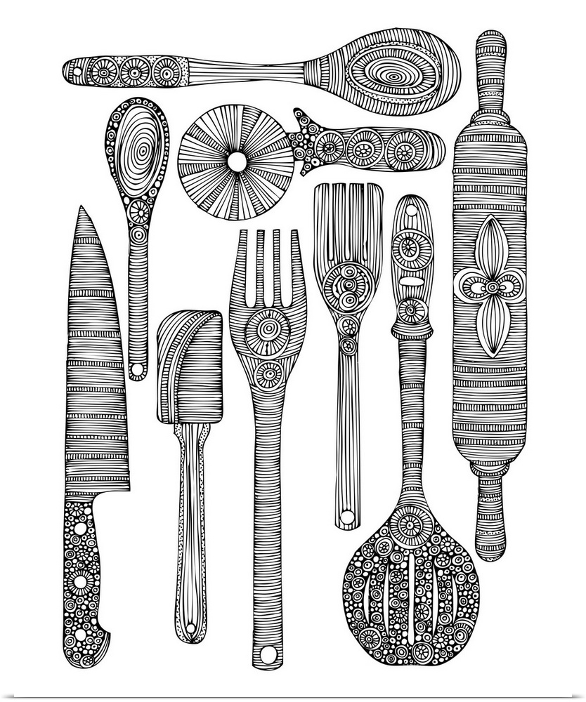 Contemporary line art of ornately patterned cookware against a white background.