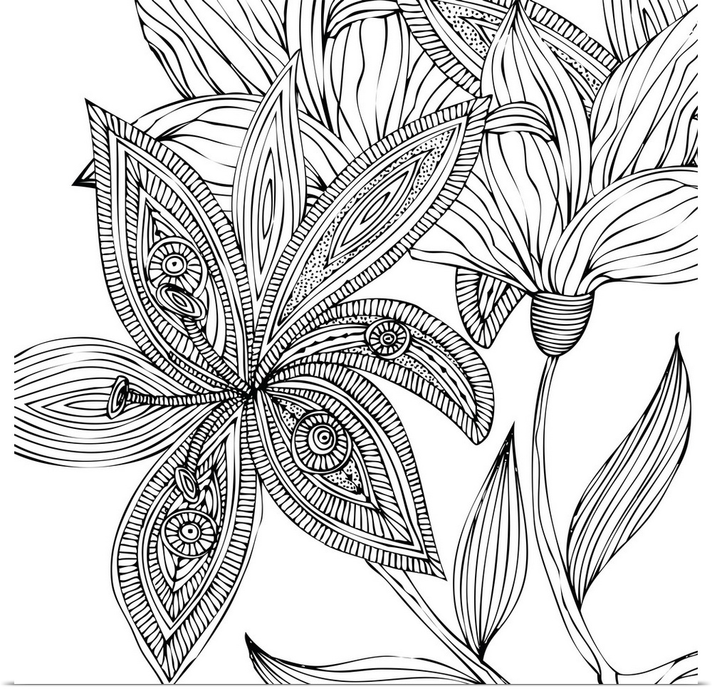 Contemporary line art of a big intricately designed flower with other flowers against a white background.